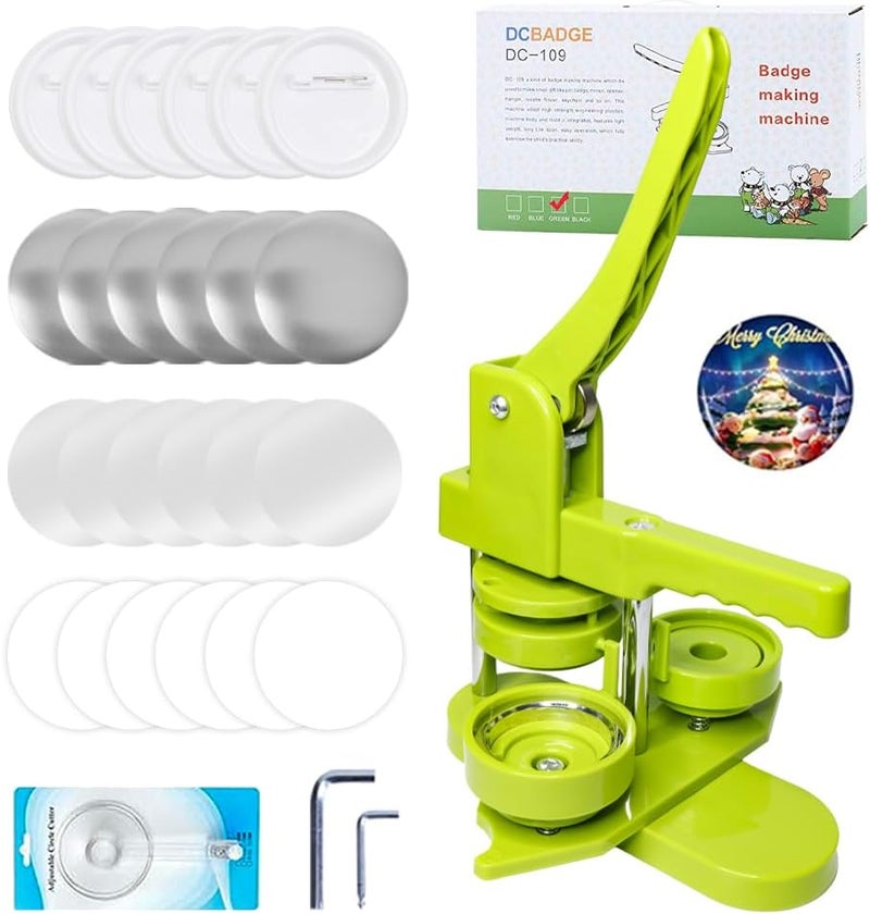 DCBADGE Button Maker Machine, Pin Maker Machine Kit (3rd Gen) Installation-Free DIY, Badge Maker Button Press Machine with Free Button Parts&Circle Cutter&Wrench Gadget (Green, 58mm（2.25in）) - Image 1